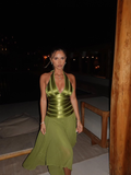Elegant A Line Halter Green Satin Chiffon Open Back Prom Dress Evening Dress HZ1023