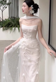 White Sheath Strapless Floral Pleated Tulle Long Prom Dress Wedding Dress HZ1023