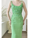 Exquisite Green Sheath Spaghetti Strap 3D Floral Beaded Chiffon Long Prom Dress Formal Dress HZ1023