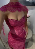 Pink A Line Sweetheart Neck Beaded Lace Prom Dress Evening Dress with Slit HZ1023