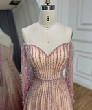 Elegant A Line Sweetheart Neck Long Sleeve Sequins Beads Tulle Prom Dress HZ1023