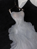 Romantic A Line Strapless Beaded Ruffle Grey Tulle Party Dress Evening Dress HZ1023