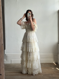 Vintage A Line Puff Layered Beige Lace Long Wedding Dress HZ1023