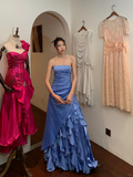 Vintage A Line Strapless Beaded Sequin Ruffle Blue Satin Long Prom Dress Party Dress HZ1023