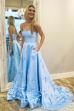 Strapless Blue Sweetheart Neck Sweep Train Satin Prom Dresses HZ1023
