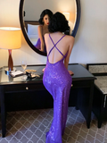 Sexy Shiny Purple Mermaid Straps Sequin Long Prom Dress Vacation Dress HZ1023