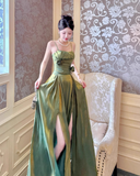 Green A Line Straps Floral Satin Prom Dress Evening Dress Formal Dress HZ1023