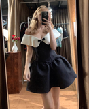 Stunning A Line Off the Shoulder White Black Satin Short Homecoming Dress Birthday Dress HZ1023