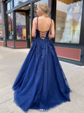 Dark Blue V Neck Tulle Applique Long Prom Dresses HZ1023