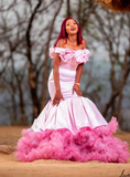 Charming Mermaid Off the Shoulder 3D Flower Pink Satin Tulle Prom Dress Evening Dress HZ1023