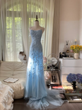 Light Blue A Line Spaghetti Straps Appliques Tulle Open Back Party Dress Evening Dress HZ1023