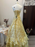 Vintage A Line Strapless Appliques Yellow Satin Organza Prom Dress Evening Dress HZ1023