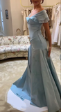 Retro Style A Line Off the Shoulder Blue Satin Long Party Dress Prom Dress HZ1023