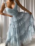 Elegant Blue Tulle Layers Long Prom Dress HZ1023