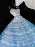 Silver Sequin Ball Gown Strapless Blue Tulle Prom Dress Party Dress HZ1023