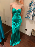 Vintage Mermaid Sweetheart Neck Pleated Green Satin Long Party Dress Cocktail Dress HZ1023