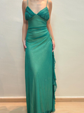 Vintage A Line Spaghetti Strap Rhinestone Green Chiffon Prom Dress Evening Dress HZ1023