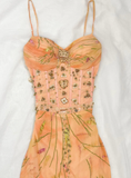 Retro Orange Print Floral A Line Spaghetti Straps Chiffon Long Prom Dress Cocktail Dress HZ1023