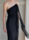 Sexy Sheath Spaghetti Strap Beaded Black Chiffon Long Prom Dress Prom Dress HZ1023