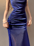 Royal Blue Stunning Sheath Spaghetti Strap Tulle Prom Dress Evening Dress HZ1023