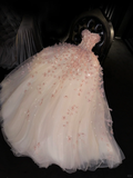 Romantic A Line Sweetheart Neck Floral Beaded Pink Tulle Prom Dress Evening Dress HZ1023