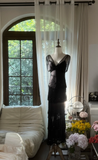 Charming Sheath V Neck Layered Beaded Black Chiffon Party Dress Evening Dress HZ1023