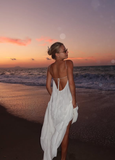 Flowy A Line Halter White Chiffon Open Back Prom Dress Vacation Dress HZ1023