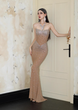 Exquisite Rhinestone Champagne Mermaid Sweetheart Neck Black Tulle Long Evening Dress Gown Dress HZ1023