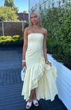 Mermaid Strapless Ruffle Light Yellow Satin Long Prom Dress Evening Dress HZ1023