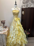 Vintage A Line Strapless Appliques Yellow Satin Organza Prom Dress Evening Dress HZ1023