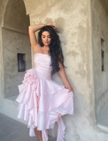 Pink A Line Strapless Floral Ruffle Layered Satin Short Homecoming Dress Outfits HZ1023