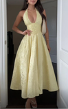 Deep V Neck Yellow Halter A Line Prom Dress HZ1023