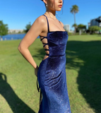 Sparkly Navy Blue Velvet Prom Dress Sexy Mermaid Long Evening Dress HZ1023