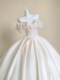 Elegant Ball Gown Off the Shoulder Floral Ivory Satin Prom Dress Wedding Dresses HZ1023
