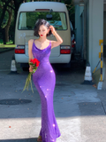 Sexy Shiny Purple Mermaid Straps Sequin Long Prom Dress Vacation Dress HZ1023
