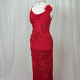 Spaghetti Straps Red Chiffon Applique Mermaid Prom Dress Evening Gown HZ1023