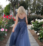 Blue Tulle Applique Long Evening Dress Formal Prom Dress HZ1023