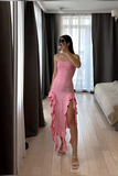 Sexy Sheath Ruffles Strapless Pink Prom Dress Evening Dress HZ1023
