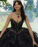 Black Sweetheart Neck Corset Beaded Sequin Tulle Ball Gown Sweet 16 Dress Quinceanera Dress HZ1023