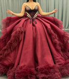 Princess Burgundy Quinceanera Dresses Beaded Appliques Tulle Sweet 16 Party Prom Ball Gown HZ1023