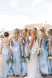 Off the Shoulder Light Blue Sheath Bridesmaid Dress HZ1023
