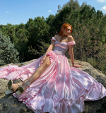 Princess A Line Off the Shoulder Corset Pink Satin Long Sweep Prom Dress with Slit HZ1023