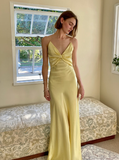 Simple A Line Spaghetti Strap Yellow Satin Open Back Prom Dress Graduation Prom Dress HZ1023