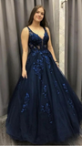 Dark Blue V-Neck Appliques Long Prom Dresses Ball Gown HZ1023