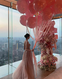 Pink Flowy Charming A Line Sweetheart Neck Sequin Tulle Long Prom Dress Formal Dress HZ1023