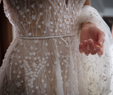 2025 New A Line Spaghetti Strap Beaded Tulle Long Sweep Wedding Dress HZ1023