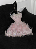 Pink Bow A Line Strapless Silver Sequin Beaded Tulle Homecoming Dress Party Dress HZ1023
