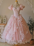 Princess Pink Ball Gown Puff Lace Appliques Satin Tulle Prom Dress 18th Birthday Dress HZ1023