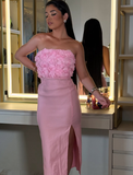 Pink Sheath Strapless 3D FLower Satin Prom Dress Evening Dress with Slit HZ1023