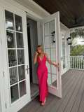 Sexy V Neck Party Dress Hot Pink Slit Prom Dress HZ1023